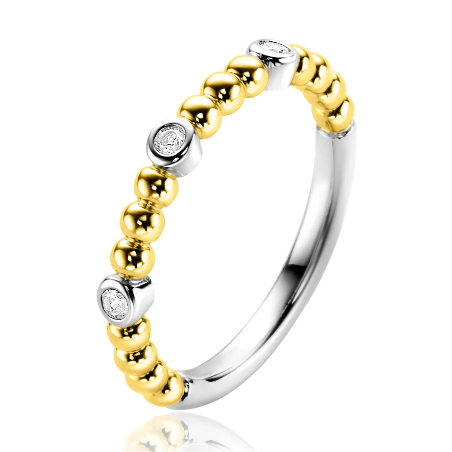 ZINZI gold plated zilveren aanschuifring met bolletjes scheen en drie ronde zettingen bezet met witte zirconia ZIR2569