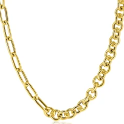 ZINZI gold plated zilveren ketting 45cm met twee stoere schakels gecombineerd: jasseron en ovale schakels (8,5mm breed) ZIC2477G