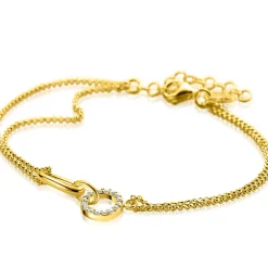 ZINZI gold plated zilveren multi-look armband met twee kettinkjes, verbonden aan een ovale schakel en open rondje bezet met witte zirconia's 17-20cm ZIA2463Y