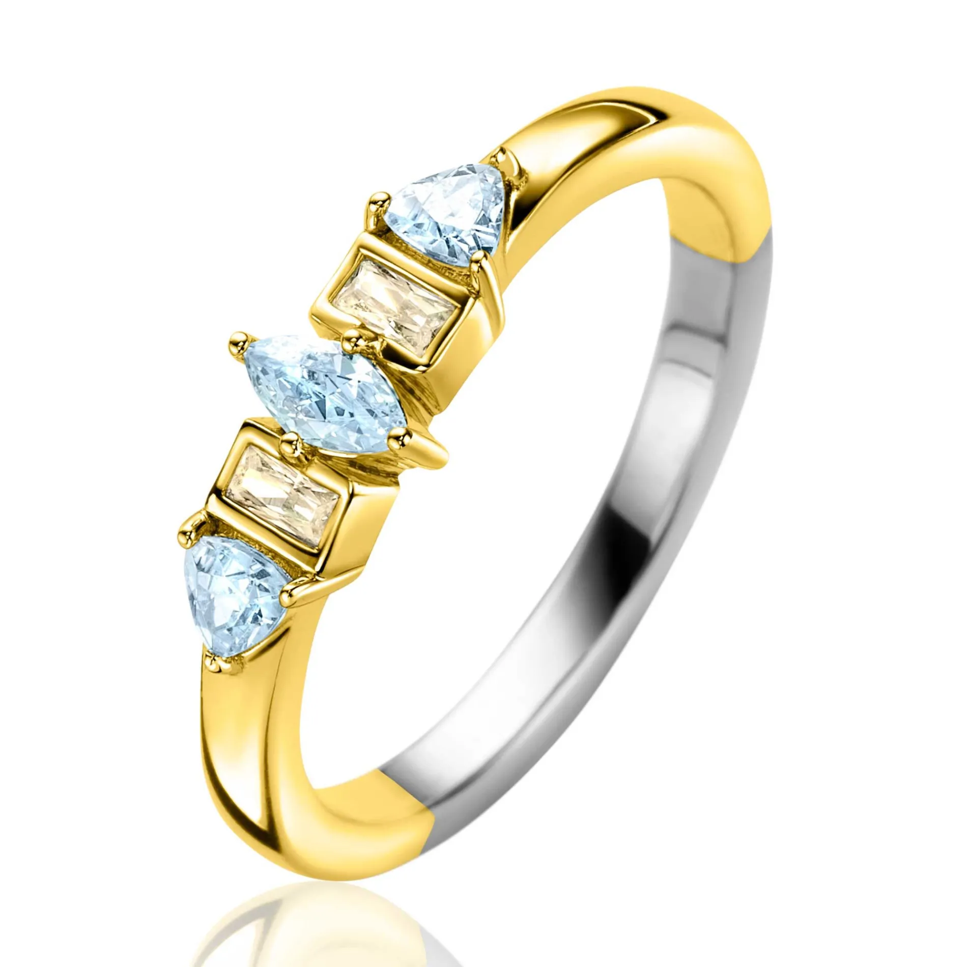 ZINZI gold plated zilveren ring met zettingen in peer, rechthoek en driehoeksvorm bezet met lichtblauwe en champagne kleurstenen ZIR2630B