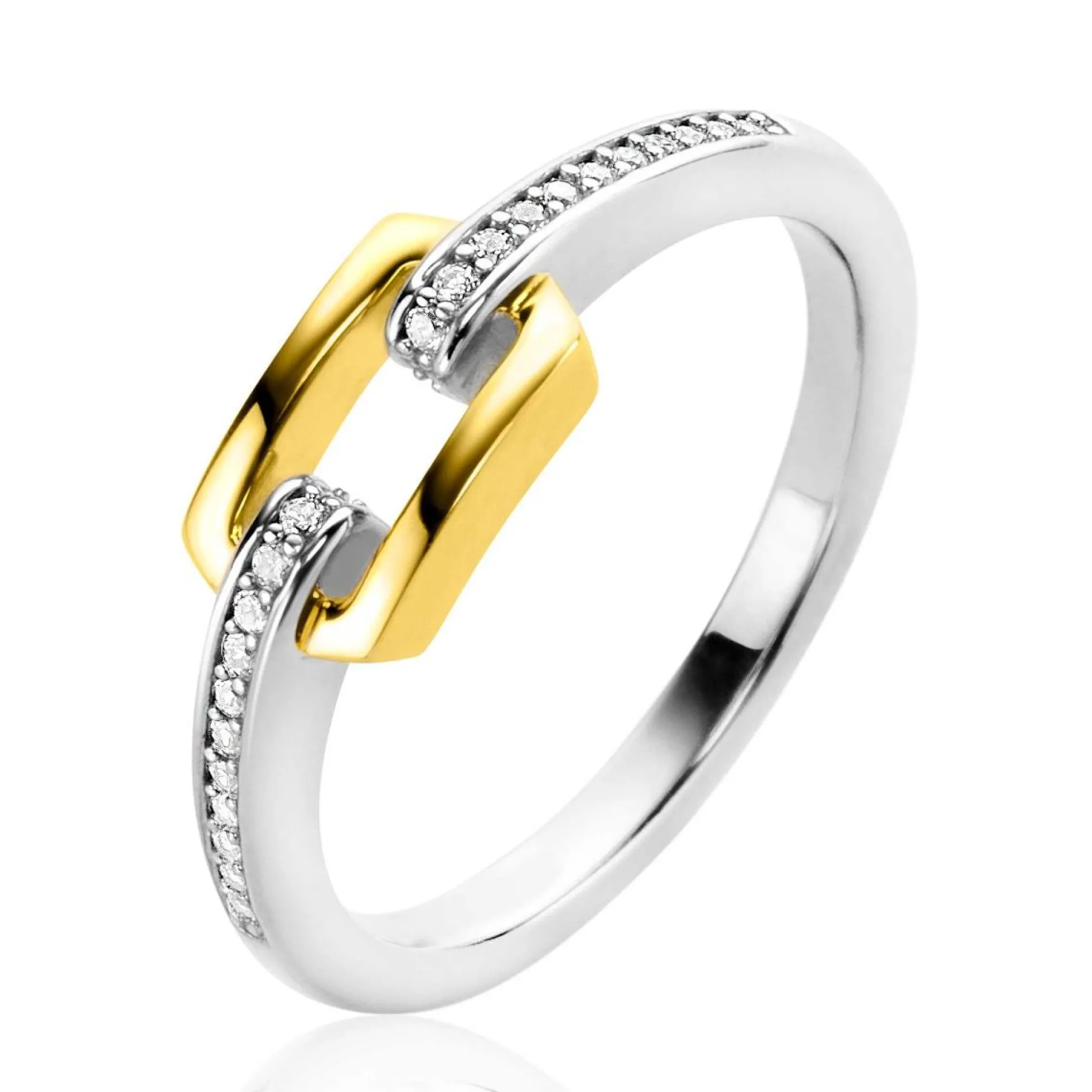 ZINZI gold plated zilveren ring rechthoek met in scheen bezet met witte zirconia's ZIR2297