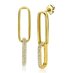 ZINZI gold plated zilveren lange oorsieraden 38mm met twee ovale schakels, bezet met witte zirconia's ZIO2371Y
