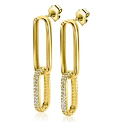 ZINZI gold plated zilveren lange oorsieraden 38mm met twee ovale schakels, bezet met witte zirconia's ZIO2371Y