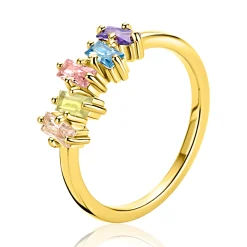 ZINZI gold plated zilveren ring (6mm breed) rechthoekige zettingen, bezet met multicolor kleurstenen ZIR2739