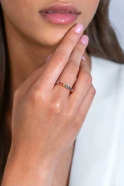 ZINZI gold plated zilveren aanschuifring 2,5mm breed met regenboog aan kleurstenen ZIR2170