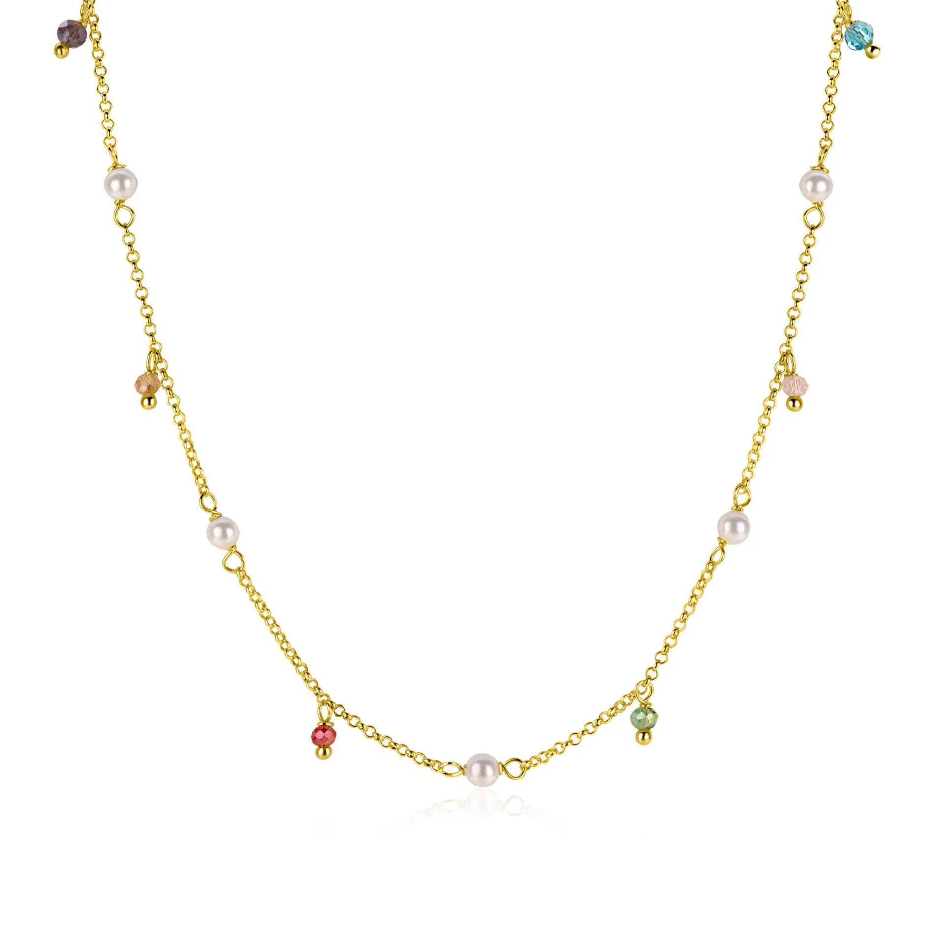 ZINZI gold plated zilveren ketting met witte parels en bungelende beads (5,5 mm) in frisse kleuren 42-45cm ZIC2705G