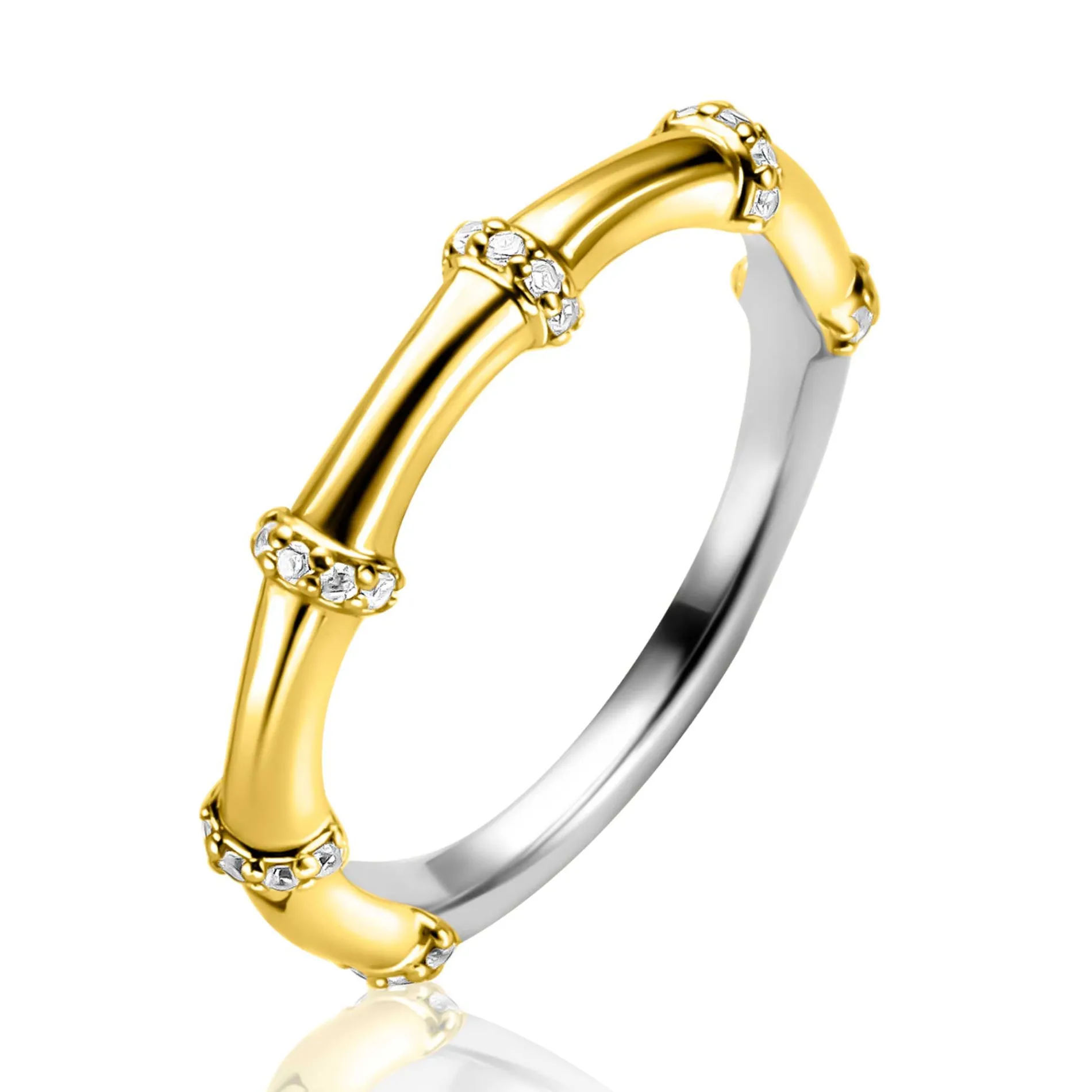 ZINZI gold plated zilveren aanschuifring (3,5mm breed) bamboo uitstraling, bezet met witte zirkonia's ZIR2687Y