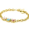 ZINZI gold plated zilveren schakel armband met drie vierkante zettingen bezet met roze en turquoise kleurstenen 17-20cm ZIA2454