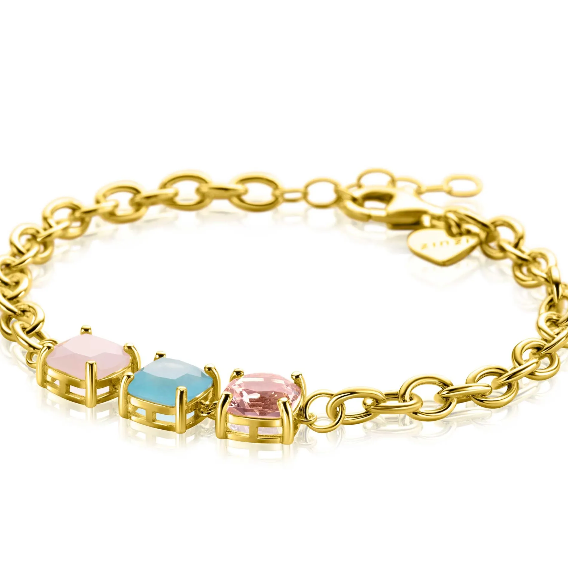 ZINZI gold plated zilveren schakel armband met drie vierkante zettingen bezet met roze en turquoise kleurstenen 17-20cm ZIA2454