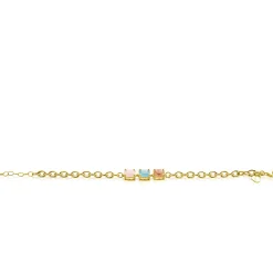 ZINZI gold plated zilveren schakel armband met drie vierkante zettingen bezet met roze en turquoise kleurstenen 17-20cm ZIA2454