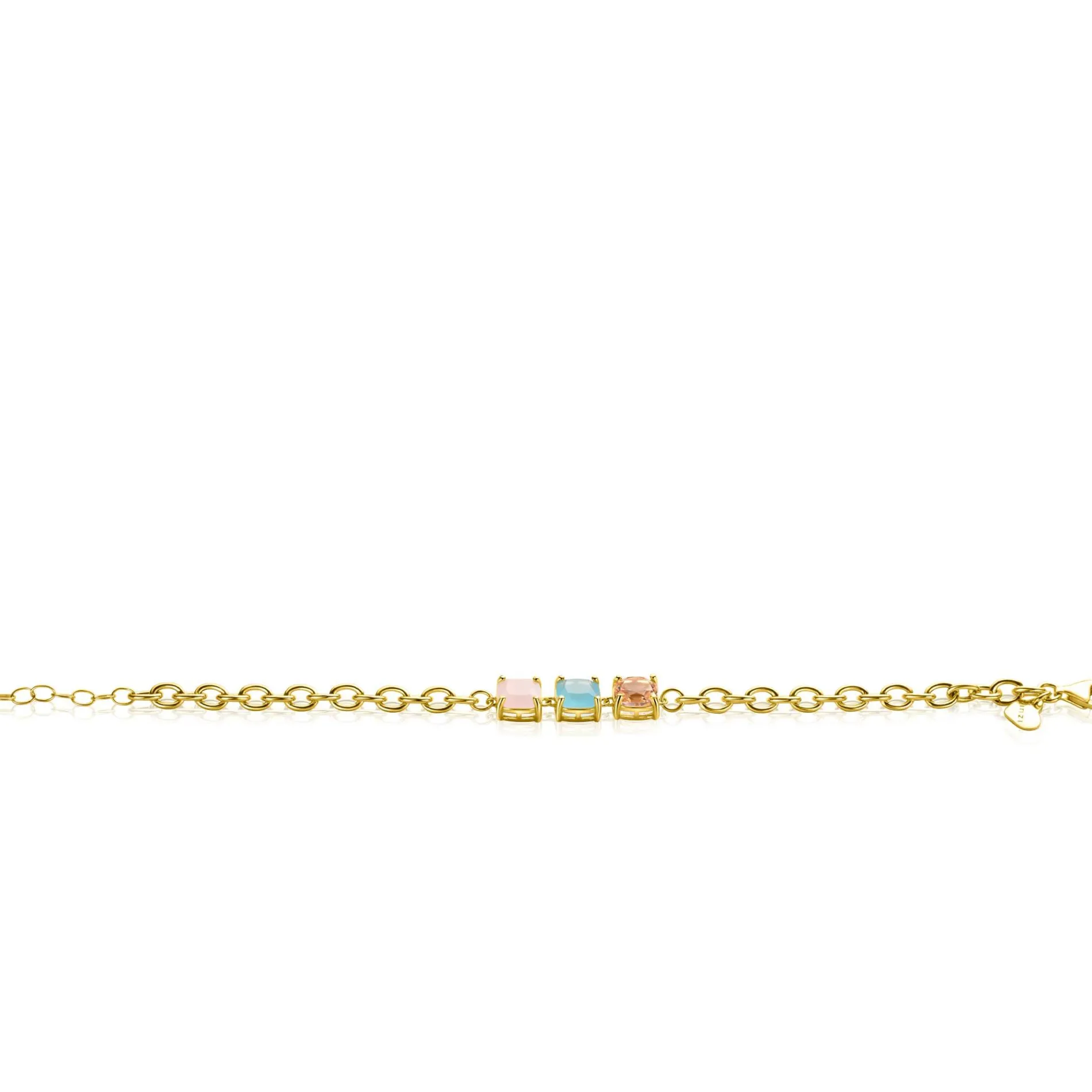 ZINZI gold plated zilveren schakel armband met drie vierkante zettingen bezet met roze en turquoise kleurstenen 17-20cm ZIA2454