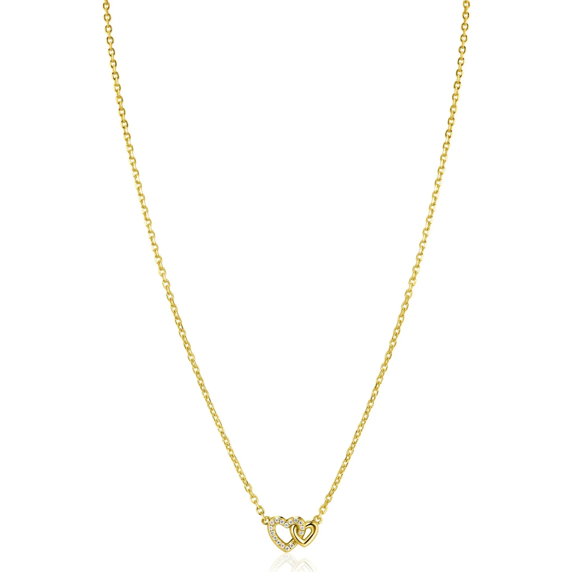 ZINZI gold plated zilveren ketting 42–45cm met verbonden hartjes, witte zirkonia's ZIC2493Y