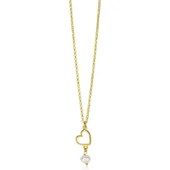 ZINZI gold plated zilveren ketting met open hartje en bungelend witte zoetwaterparel 40-45cm ZIC2642
