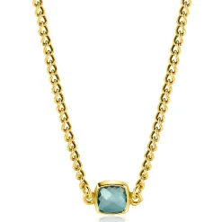 ZINZI gold plated zilveren gourmet ketting met vierkante zetting bezet met indigo blauwe kleursteen 40-45cm ZIC2417G