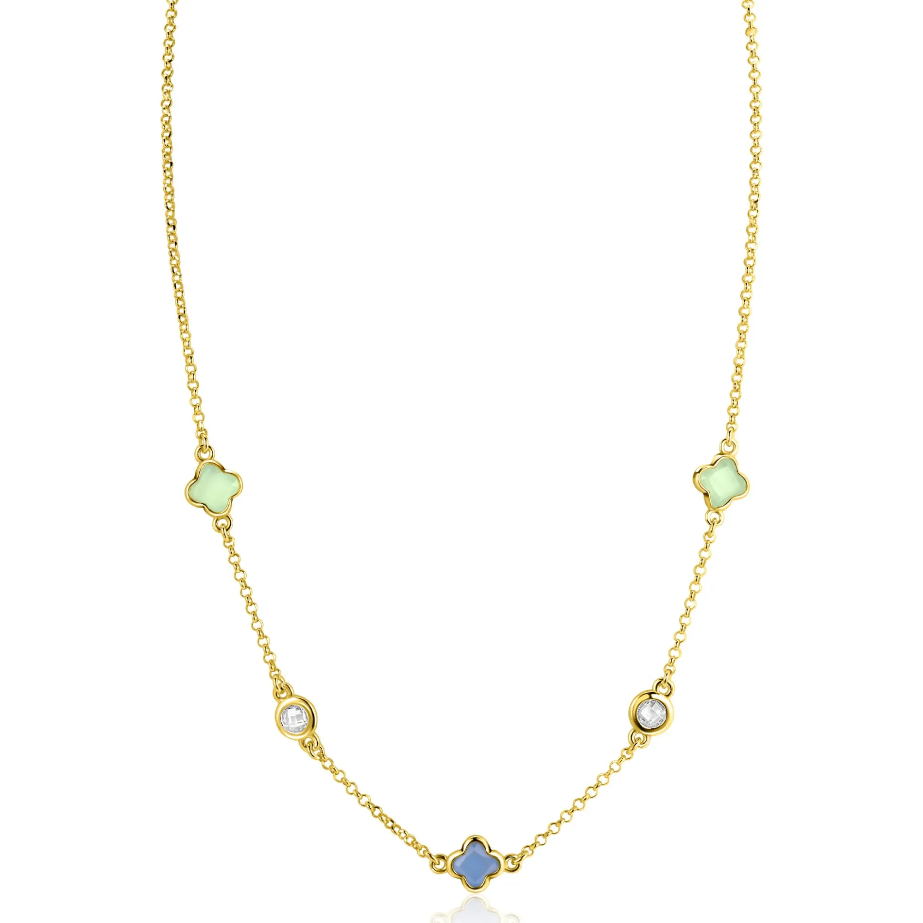 ZINZI gold plated zilveren schakelketting met twee mintgroene klavers en een blauwe klaver 40-45cm ZIC2763