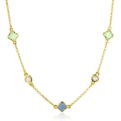 ZINZI gold plated zilveren schakelketting met twee mintgroene klavers en een blauwe klaver 40-45cm ZIC2763