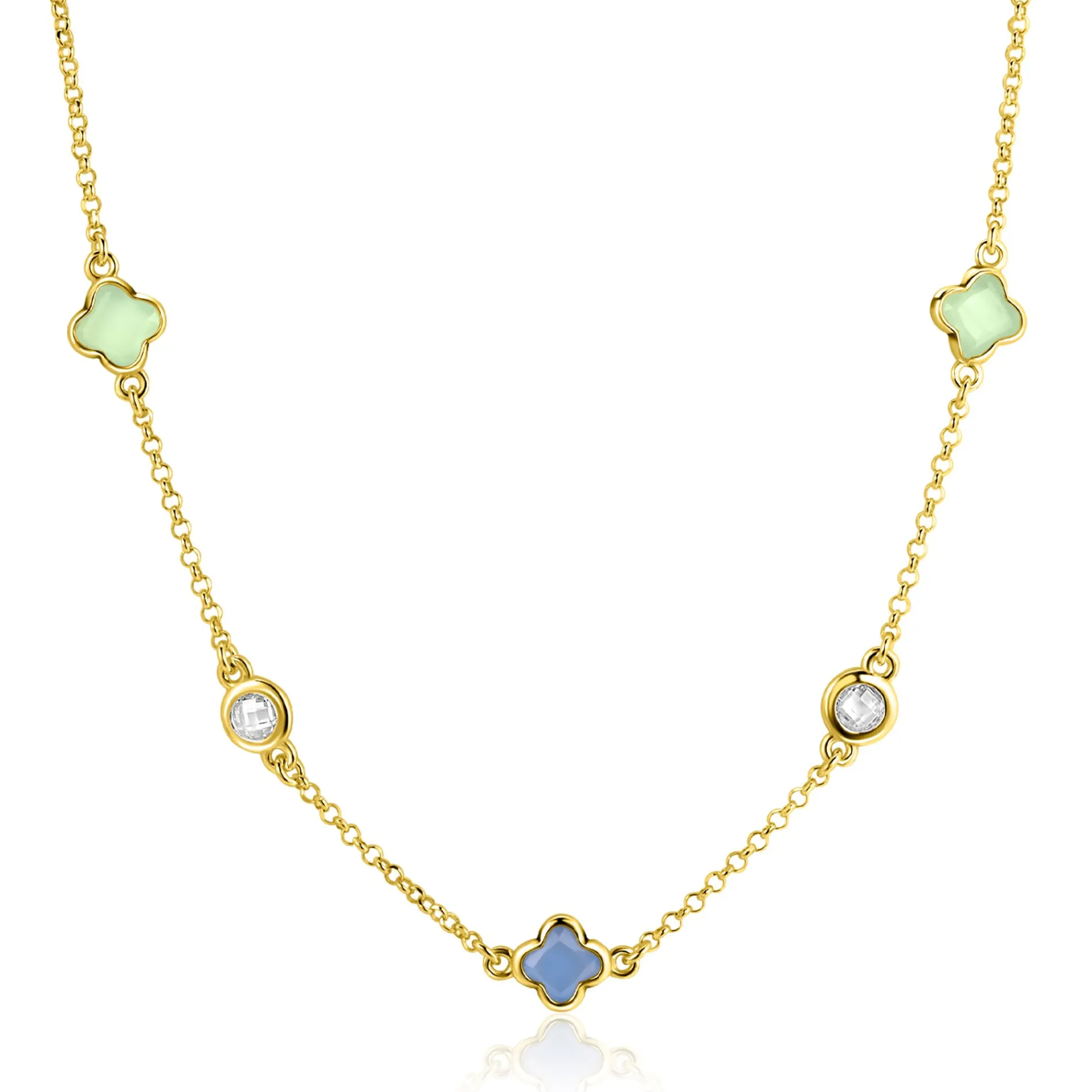 ZINZI gold plated zilveren schakelketting met twee mintgroene klavers en een blauwe klaver 40-45cm ZIC2763