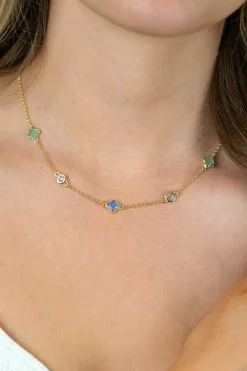 ZINZI gold plated zilveren schakelketting met twee mintgroene klavers en een blauwe klaver 40-45cm ZIC2763