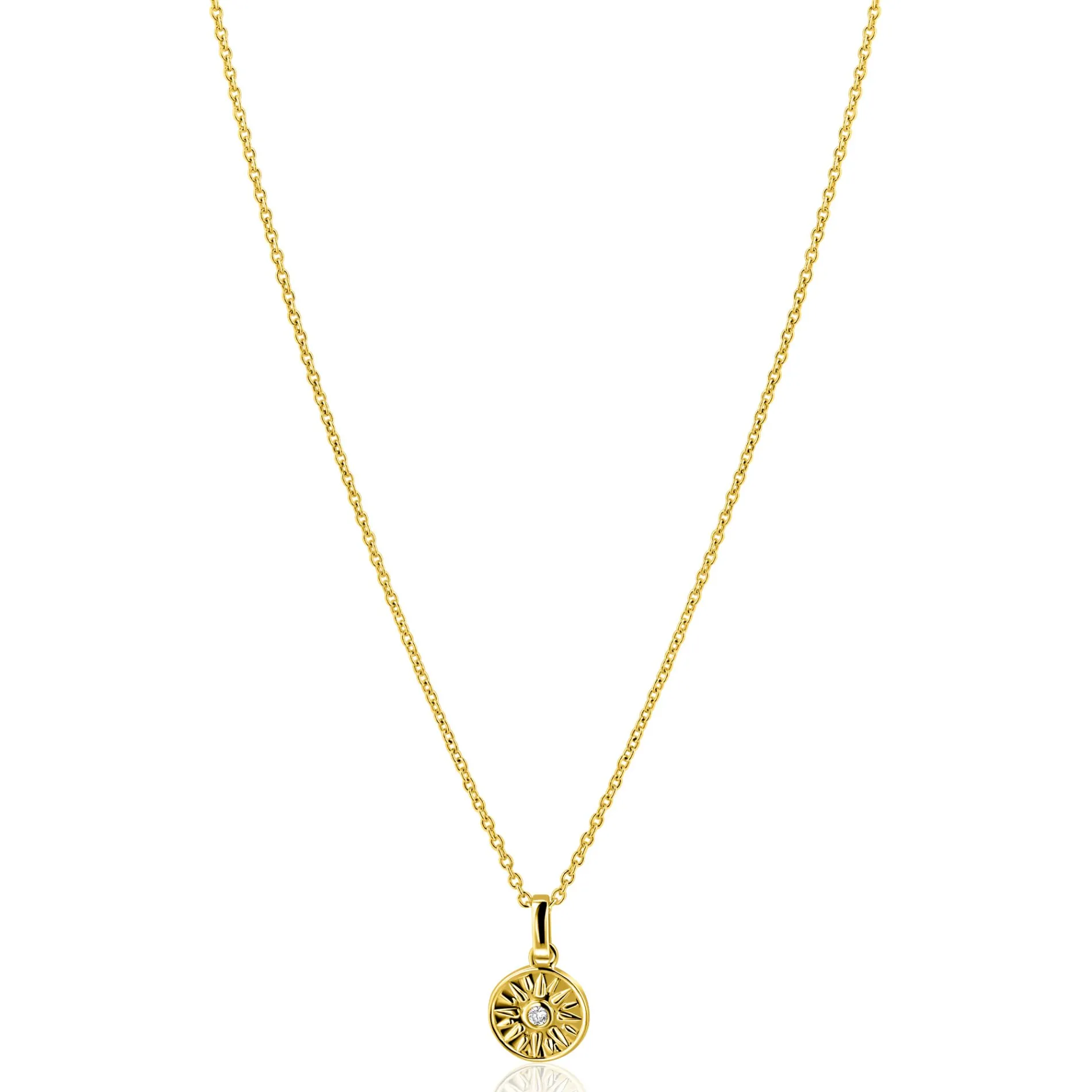 ZINZI gold plated zilveren ketting 42-45cm met zon hanger, bezet met witte zirkonia ZIC2741