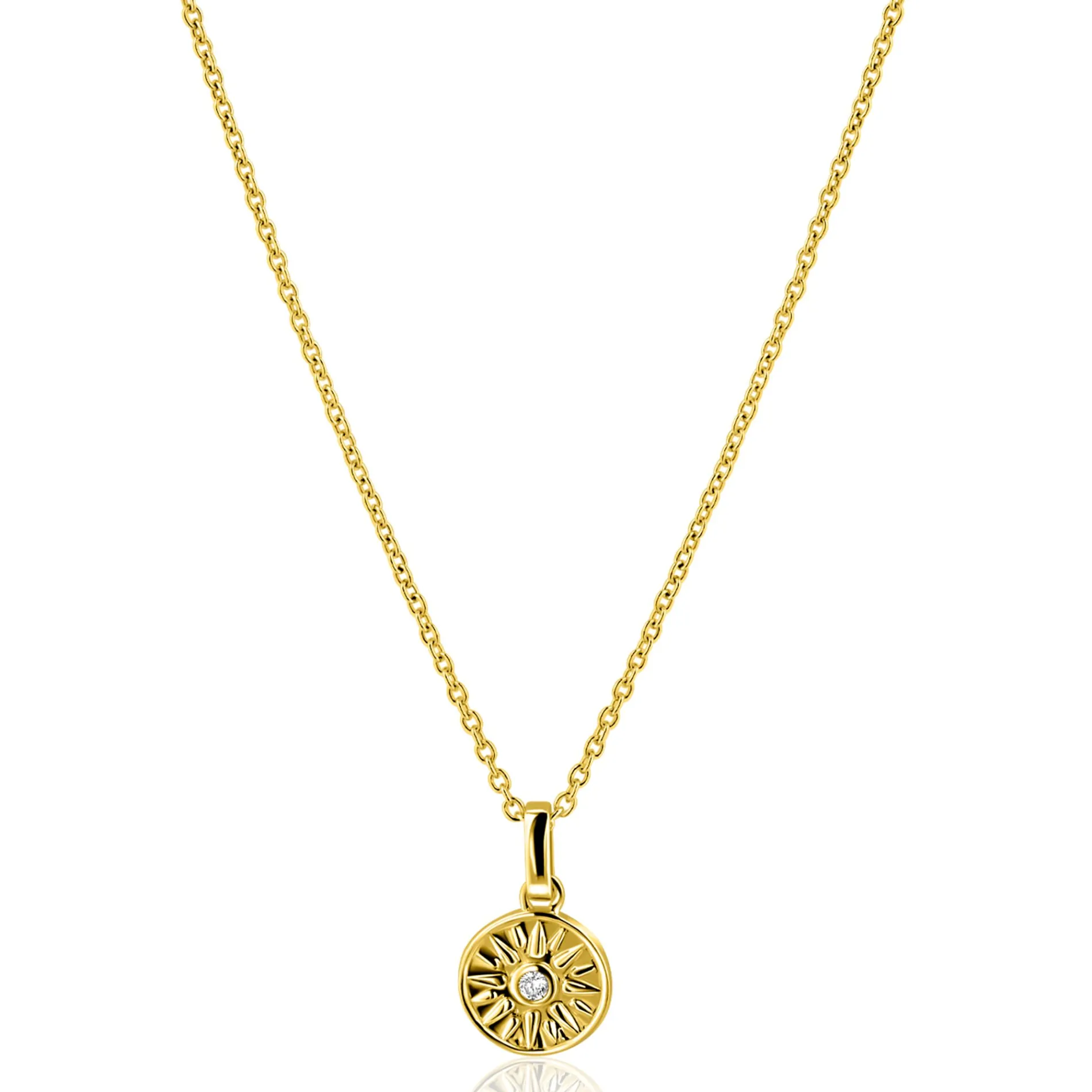 ZINZI gold plated zilveren ketting 42-45cm met zon hanger, bezet met witte zirkonia ZIC2741