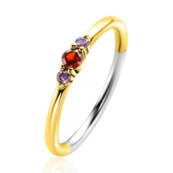 ZINZI gold plated zilveren ring met ronde chatonzettingen rood granaat en paarse kleurstenen 3mm breed ZIR2563