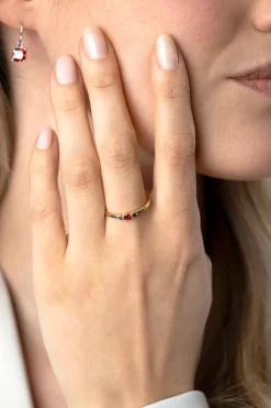 ZINZI gold plated zilveren ring met ronde chatonzettingen rood granaat en paarse kleurstenen 3mm breed ZIR2563