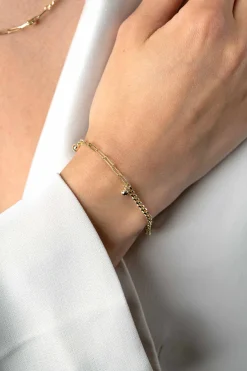 ZINZI gold plated zilveren schakelarmband met gourmet en paperclip schakels en 3 bolletjes 16,5-19,5cm ZIA2521G