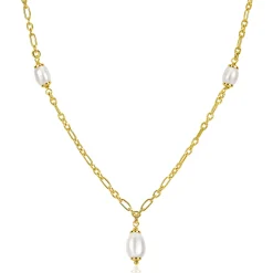 ZINZI gold plated zilveren schakelketting met drie ovale witte zoetwaterparels 40-45cm ZIC2588