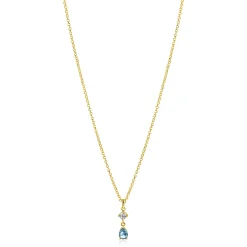 ZINZI gold plated zilveren ketting 42-45cm met luxe peervormige hanger met lichtblauwe kleursteen en witte zirkonia ZIC2744