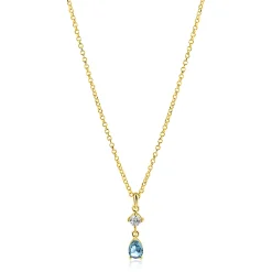 ZINZI gold plated zilveren ketting 42-45cm met luxe peervormige hanger met lichtblauwe kleursteen en witte zirkonia ZIC2744