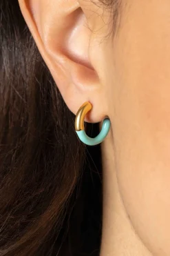 ZINZI gold plated zilveren trendy oorsieraden 16mm half emaille turquoise ZIO2315T