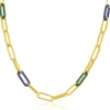 ZINZI gold plated zilveren ketting 45cm met paperclip-schakels en trendy schakels in lapisblauw en malachietgroen ZIC2455