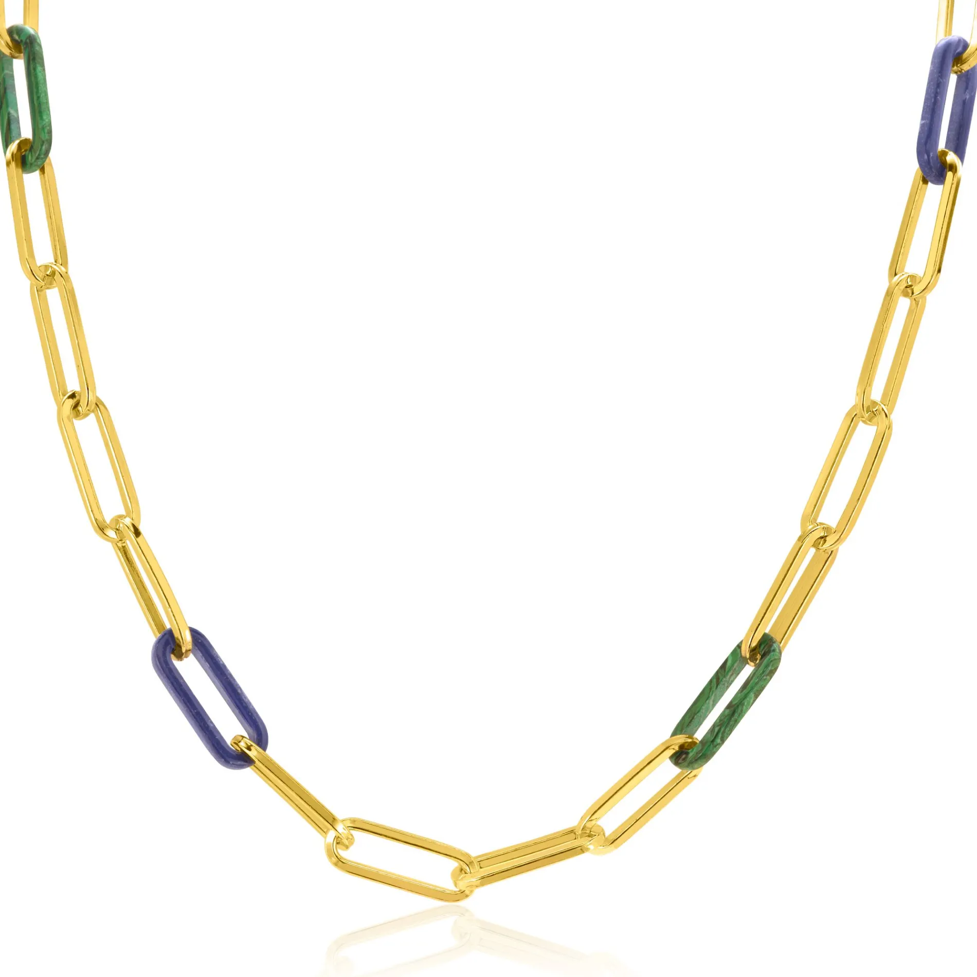 ZINZI gold plated zilveren ketting 45cm met paperclip-schakels en trendy schakels in lapisblauw en malachietgroen ZIC2455