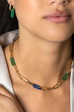 ZINZI gold plated zilveren ketting 45cm met paperclip-schakels en trendy schakels in lapisblauw en malachietgroen ZIC2455