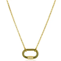 ZINZI gold plated zilveren schakelketting 45cm ovale hanger olijfgroen emaille en witte zirconia's ZIC2374