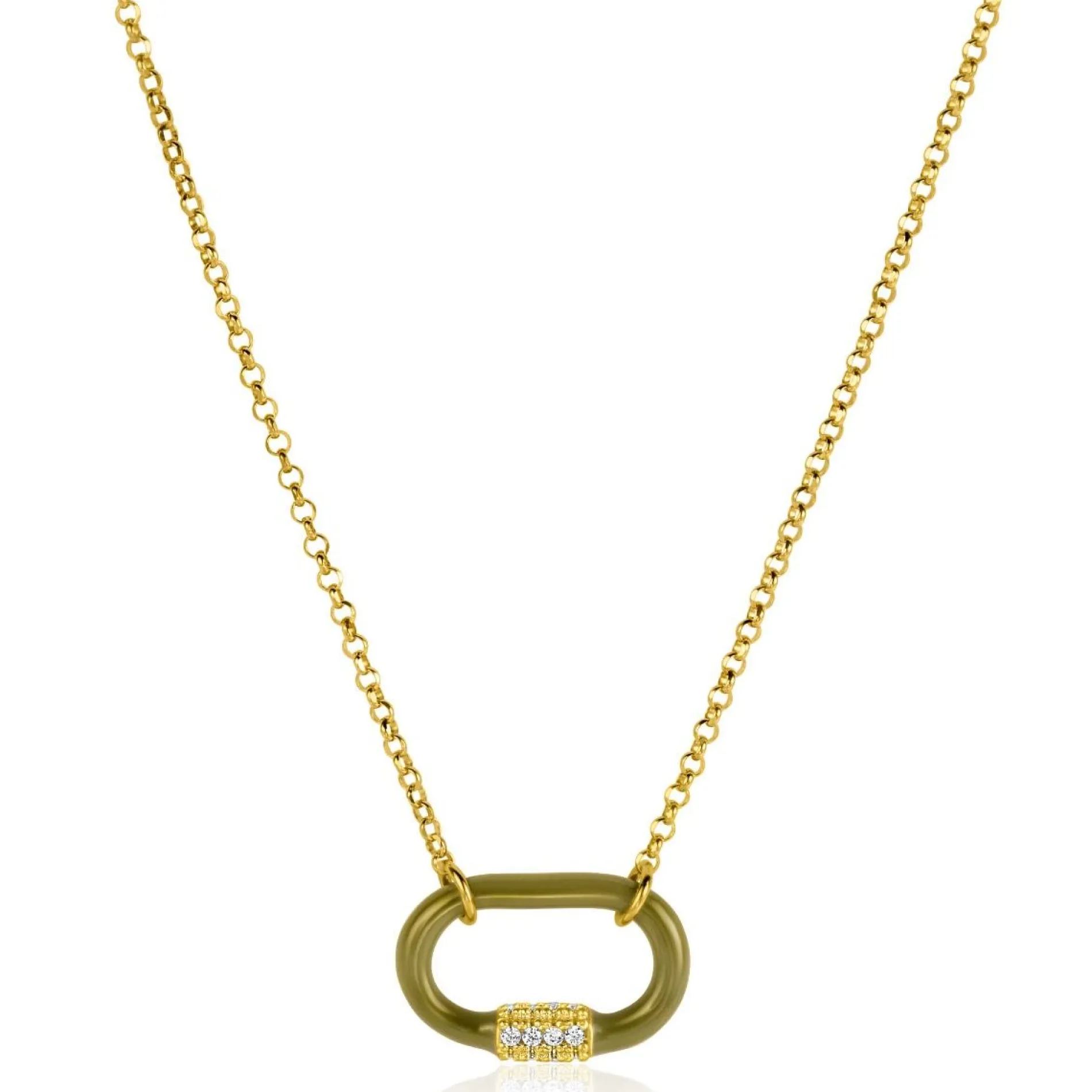 ZINZI gold plated zilveren schakelketting 45cm ovale hanger olijfgroen emaille en witte zirconia's ZIC2374