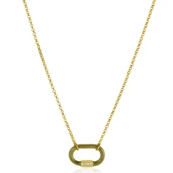 ZINZI gold plated zilveren schakelketting 45cm ovale hanger olijfgroen emaille en witte zirconia's ZIC2374