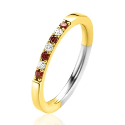 ZINZI gold plated zilveren aanschuifring 2mm breed in chatonzettingen bezet met rood granaat kleurstenen en witte zirconia's ZIR2558