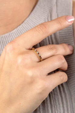 ZINZI gold plated zilveren aanschuifring 2mm breed in chatonzettingen bezet met rood granaat kleurstenen en witte zirconia's ZIR2558