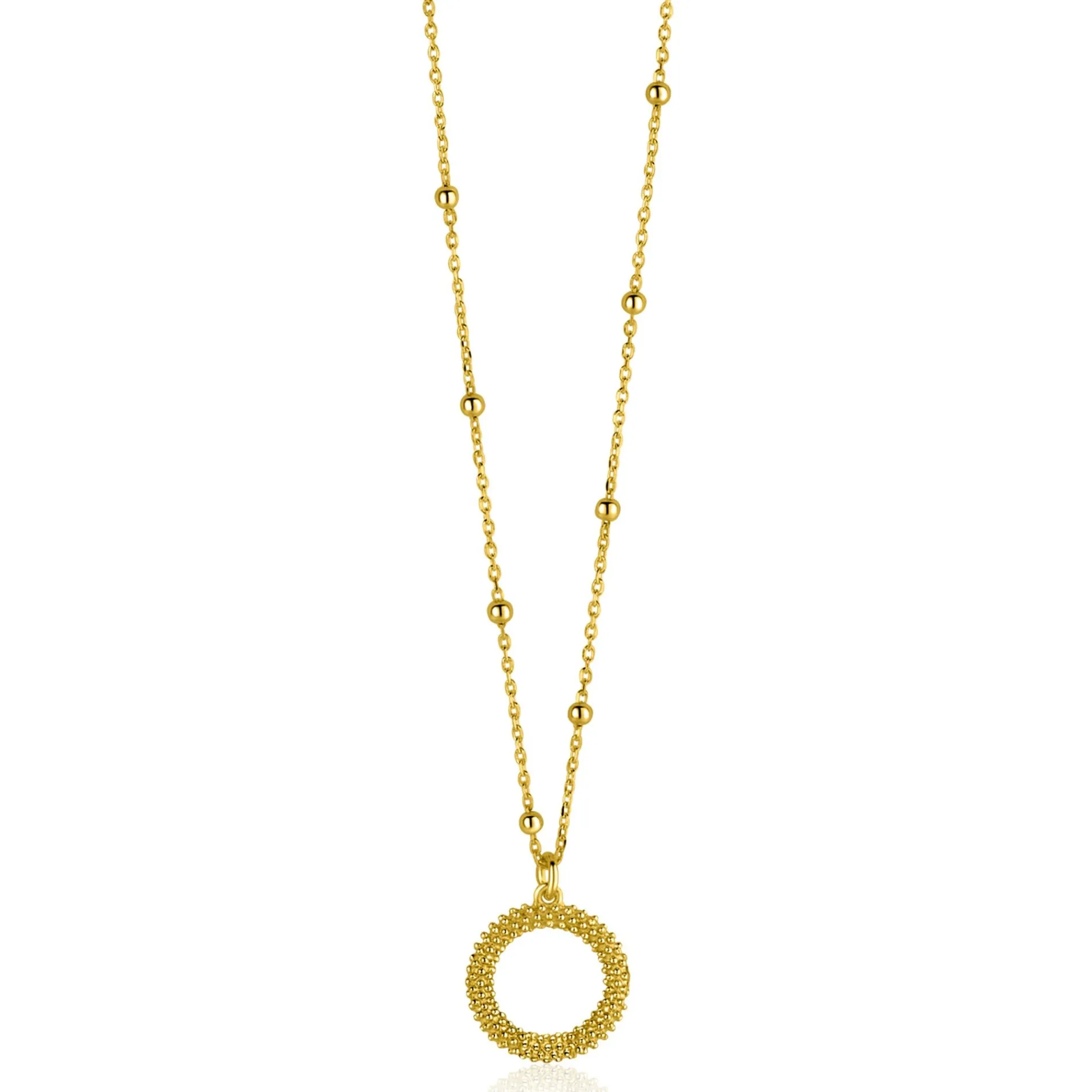 ZINZI gold plated zilveren ketting met kleine bolletjes en ronde hanger (12mm) met bolstructuur 42-45cm ZIC2704G