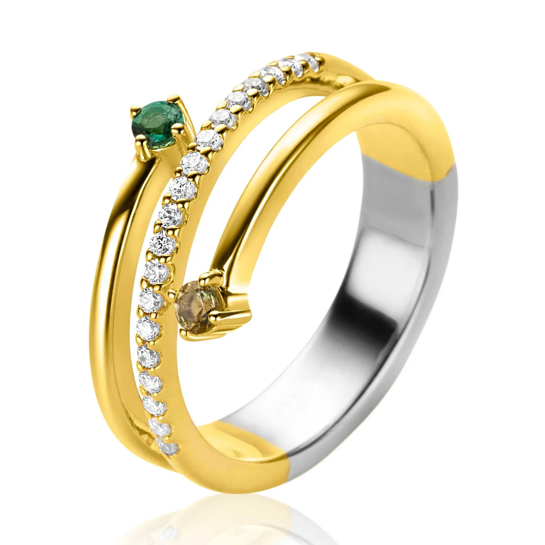 ZINZI gold plated zilveren multi-look ring (9mm breed) met 3 rijen, bezet met groene kleurstenen en witte zirconia's ZIR2646G