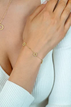 ZINZI gold plated zilveren armband met drie open rondjes (8,5mm) voorzien van een bolstructuur 17-20cm ZIA2704G