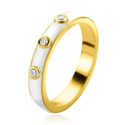 ZINZI gold plated zilveren aanschuifring trendy wit emaille en witte zirconia's 3mm ZIR2315W