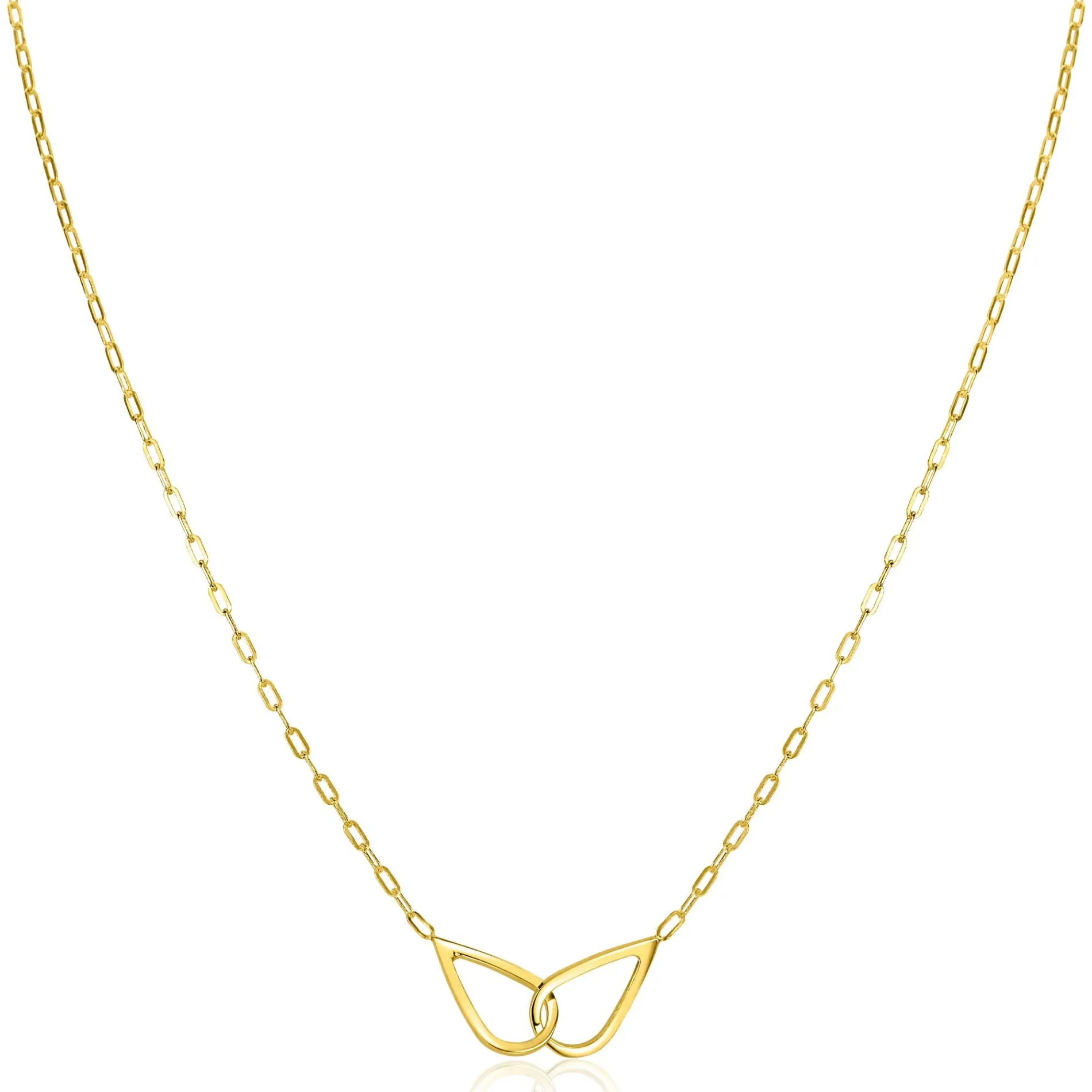 ZINZI gold plated zilveren ketting met paperclip-schakels, waarbij in het midden twee druppelvormen mooi met elkaar verbonden zijn 42-45cm ZIC2634