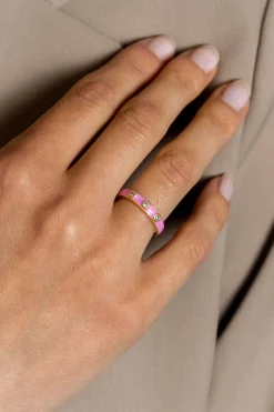 ZINZI gold plated zilveren aanschuifring trendy roze emaille en witte zirconia's 3mm ZIR2315R