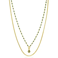 ZINZI gold plated zilveren multilook ketting met gourmet en groene bolletjes schakels, ronde zetting met olijfgroene kleursteen 42-45cm ZIC2528G