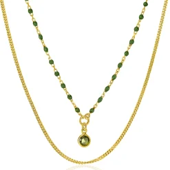 ZINZI gold plated zilveren multilook ketting met gourmet en groene bolletjes schakels, ronde zetting met olijfgroene kleursteen 42-45cm ZIC2528G