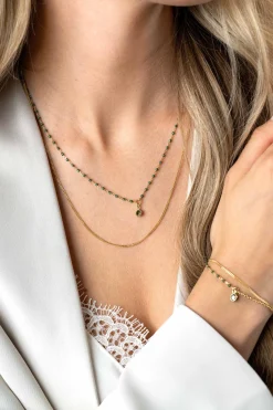 ZINZI gold plated zilveren multilook ketting met gourmet en groene bolletjes schakels, ronde zetting met olijfgroene kleursteen 42-45cm ZIC2528G