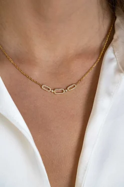 ZINZI gold plated zilveren ketting 45cm met drie ovale schakels, bezet met witte zirconia's ZIC2398Y