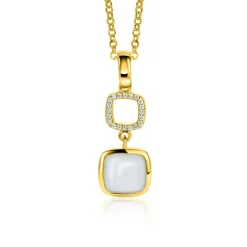 ZINZI gold plated zilveren tweezijdige hanger 30mm vierkant met witte onyx en mintgroene kleursteen ZIH2308 (zonder collier)